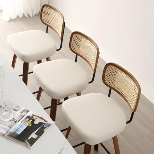 3 Swivel Bar Stools, Rattan Back, Cream White, 26" Seat Height