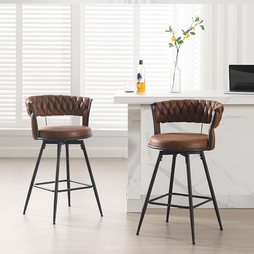 2-Pack 26 Bar Stool Set with Swivel Backrest and Footrest, Upholstered Brown