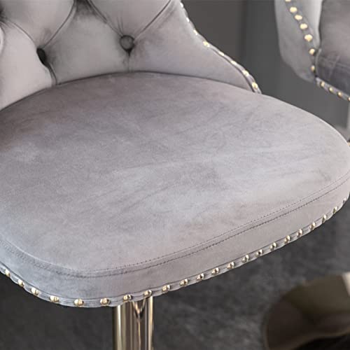 Modern Gray Velvet Bar Stools, Golden Base, Adjustible Height - Kitchen Counter Chairs Set of 2