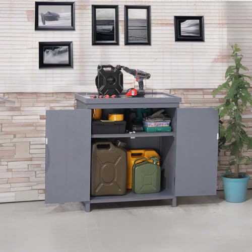 TOUCHED WITH GRACE Outdoor Tool Shed with Galvanized Top and 2 Shelves for Yard Tools or Pool Accessories, Gray