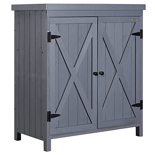 TOUCHED WITH GRACE Outdoor Tool Shed with Galvanized Top and 2 Shelves for Yard Tools or Pool Accessories, Gray