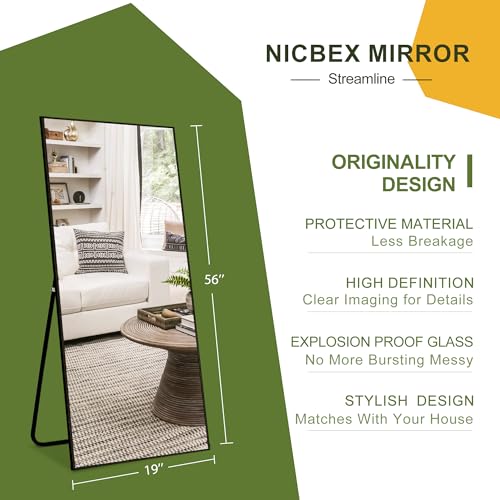 CDT MEDIA Full Length Mirror with Stand – 56x19 Black Aluminum Alloy Frame