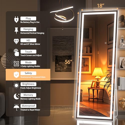 56 x 18 LED Full Length Mirror with Lights for Dressing, Dimmable, Safe to Use