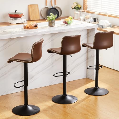 Swivel Counter Height Bar Stools with Back, Adjustable 24 to 32, Brown Faux Leather - Set of 2