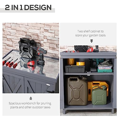 TOUCHED WITH GRACE Outdoor Tool Shed with Galvanized Top and 2 Shelves for Yard Tools or Pool Accessories, Gray