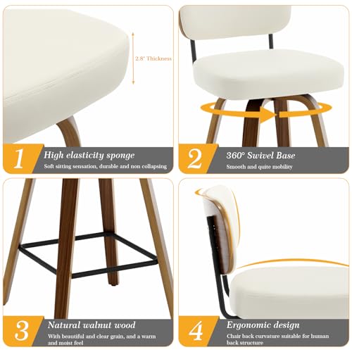Mid Century Modern Swivel Bar Stools for Kitchen Counter, 26 Height, Cream White